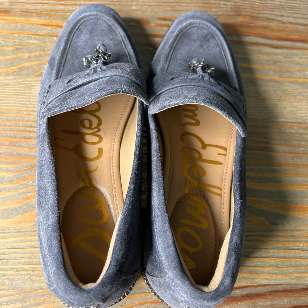 Sam Edelman Denise Slate Blue Suede Penny Loafers Silver SE Logo Shoes 7M EUR 37 - Picture 9 of 10